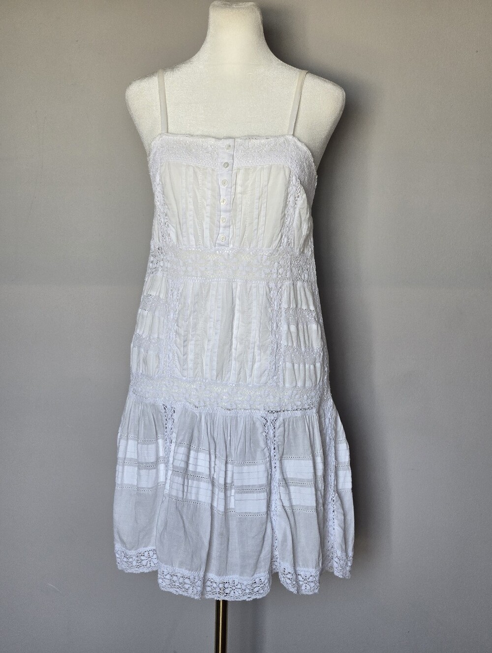 Boho Western Babydoll Lace-Trim Spaghetti Strap Sheer Mini Dress in White Size S - Picture 9 of 10